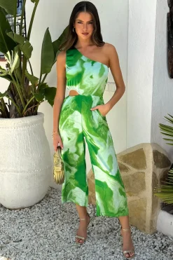 Green Tie Dye Print One Shoulder Cut Out Jumpsuit