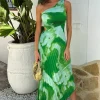 Green Tie Dye Print One Shoulder Cut Out Pleated Midi Dress