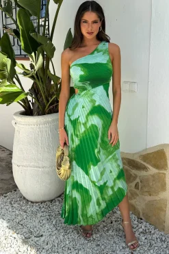Green Tie Dye Print One Shoulder Cut Out Pleated Midi Dress