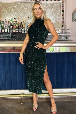 Green Velvet And Sequin Racer Neck Midi Dress
