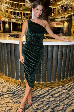 Green Velvet One Shoulder Asymmetric Hem Ruched Midi Dress