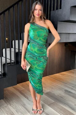 Green Watercolour Print Mesh One Shoulder Asymmetric Hem Midi Dress