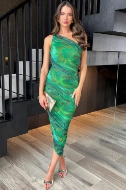 Green Watercolour Print Mesh One Shoulder Asymmetric Hem Midi Dress