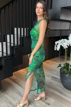 Green Watercolour Print Mesh Overlay Bodycon Midi Dress