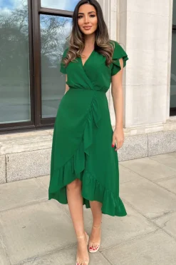 Green Wrap Over Frill Hem Short Sleeve Midi Dress