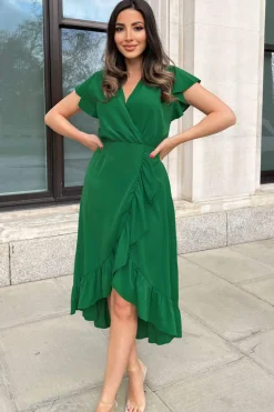 Green Wrap Over Frill Hem Short Sleeve Midi Dress