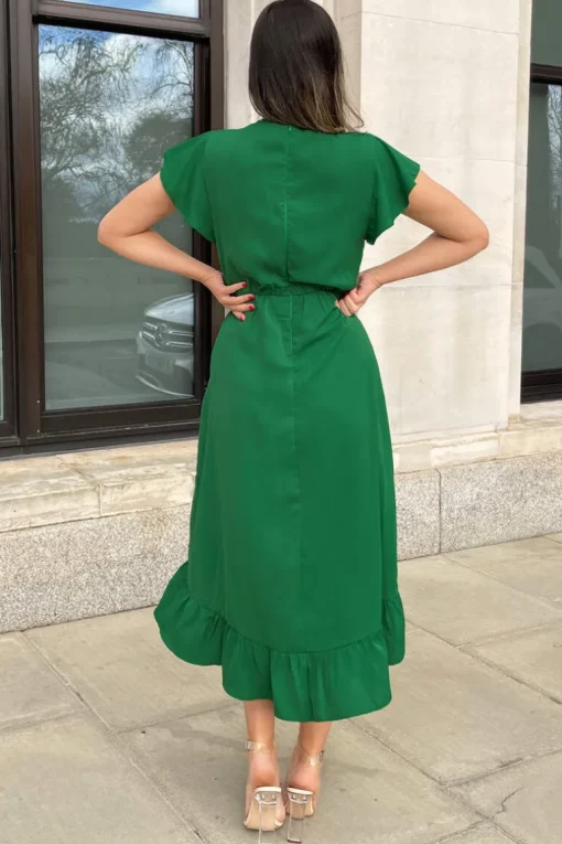 Green Wrap Over Frill Hem Short Sleeve Midi Dress