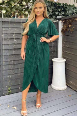 Green Wrap Top Belted Short Sleeve Plisse Midi Dress