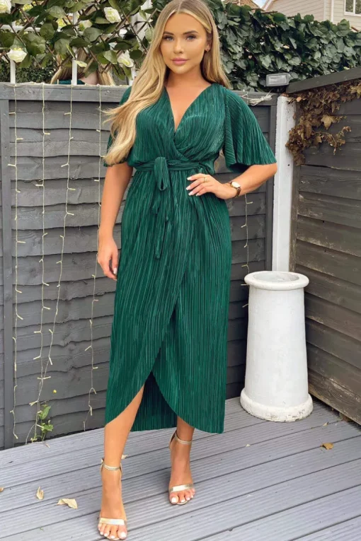 Green Wrap Top Belted Short Sleeve Plisse Midi Dress