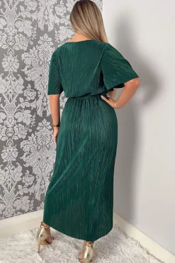 Green Wrap Top Belted Short Sleeve Plisse Midi Dress