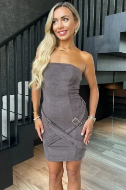 Greige Faux Suede Strapless Cross Belt Detail Mini Dress