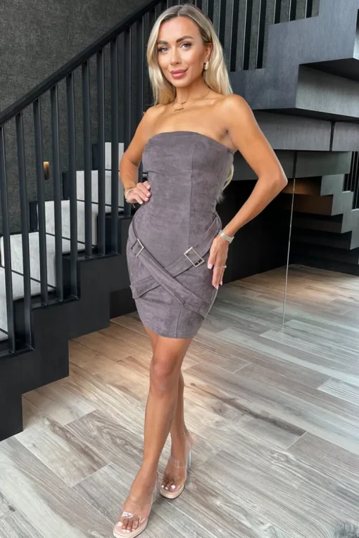 Greige Faux Suede Strapless Cross Belt Detail Mini Dress