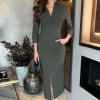 Greige Stretch Cotton Utility Style 3/4 Sleeve Midi Dress