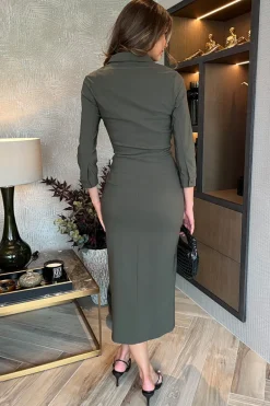 Greige Stretch Cotton Utility Style 3/4 Sleeve Midi Dress