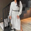 Grey Knit Long Sleeve Collared Midi Dress