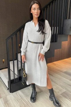 Grey Knit Long Sleeve Collared Midi Dress