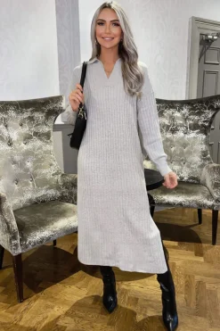 Grey Knit Long Sleeve Collared Midi Dress
