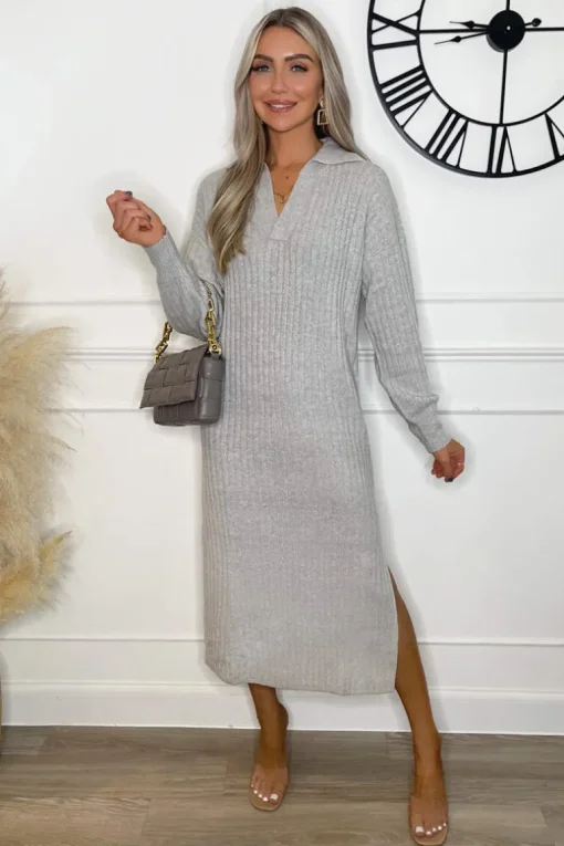 Grey Knit Long Sleeve Collared Midi Dress