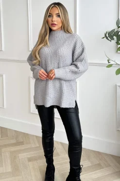 Grey Mock Neck Oversized Knit Jumper