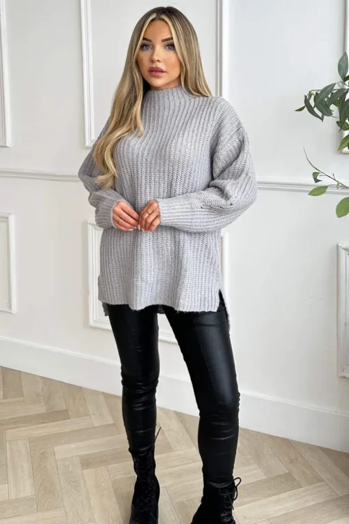 Grey Mock Neck Oversized Knit Jumper