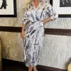 Grey Printed 3/4 Sleeve Side Tie Waist Wrap Shirt Midi Dress
