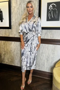 Grey Printed 3/4 Sleeve Side Tie Waist Wrap Shirt Midi Dress