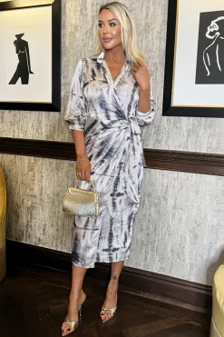 Grey Printed 3/4 Sleeve Side Tie Waist Wrap Shirt Midi Dress