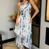 Grey Printed Strap Detail Asymmetric Cut Out Midi Dress