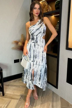 Grey Printed Strap Detail Asymmetric Cut Out Midi Dress