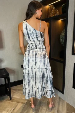 Grey Printed Strap Detail Asymmetric Cut Out Midi Dress
