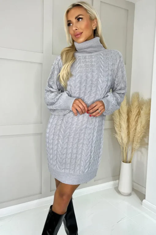 Grey Roll Neck Cable Knit Dress