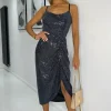 Gunmetal Metallic Sparkle And Sequin Strappy Midi Dress