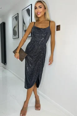 Gunmetal Metallic Sparkle And Sequin Strappy Midi Dress