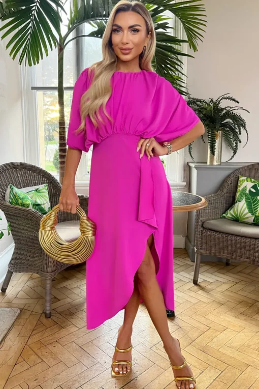 Hot Pink Batwing Top Wrap Skirt Midi Dress