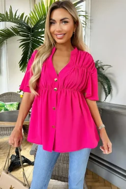 Hot Pink Button Up Ruched Detail Smock V-Neck Top