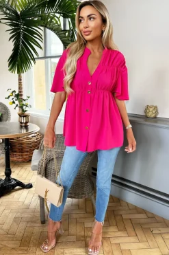 Hot Pink Button Up Ruched Detail Smock V-Neck Top