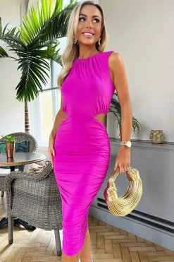 Hot Pink Cut Out Midi Bodycon Dress