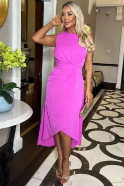 Hot Pink Gathered Midi Dress With Shoulder Pads