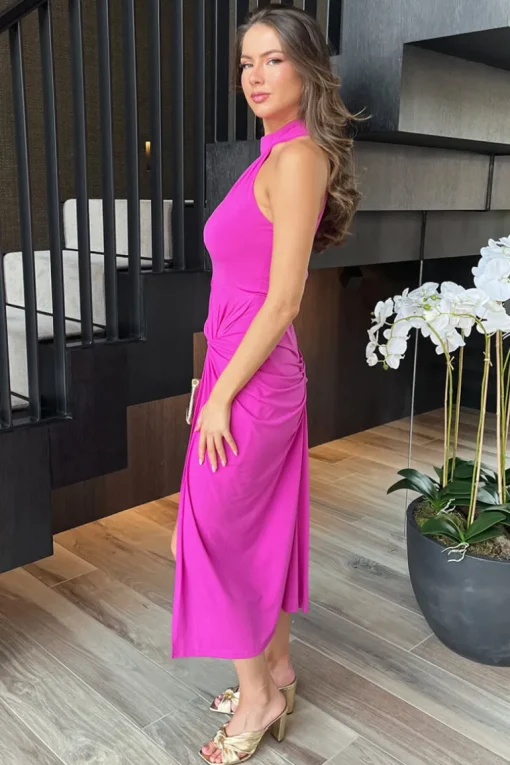 Hot Pink Halter Neck Knot Skirt Midi Dress