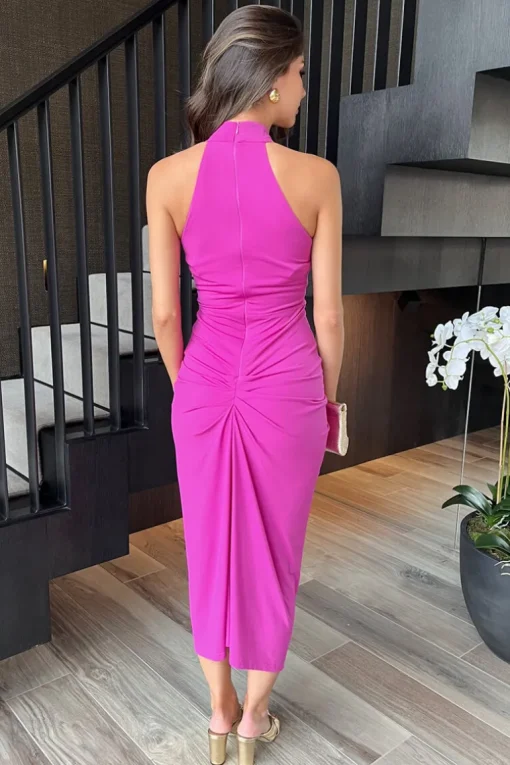 Hot Pink Halter Neck Knot Skirt Midi Dress