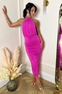 Hot Pink Halter Neck Ruched Bodycon Midi Dress
