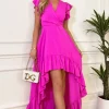 Hot Pink High Low Frill Hem V Neck Midi Dress