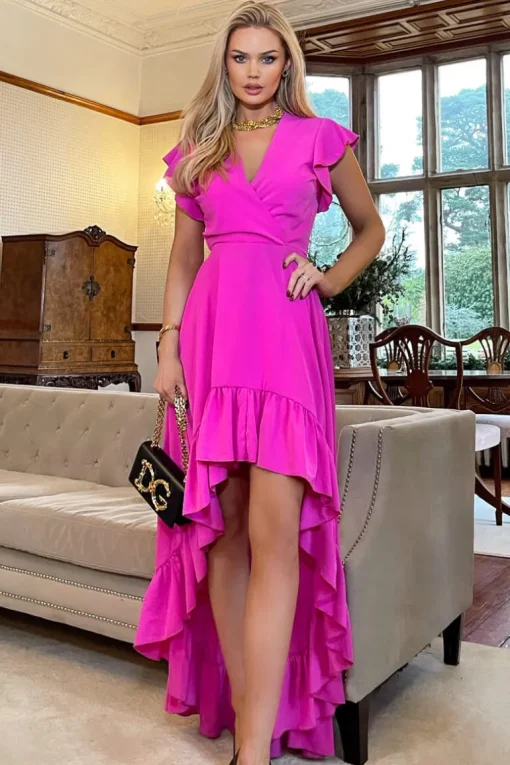 Hot Pink High Low Frill Hem V Neck Midi Dress
