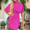 Hot Pink High Neck Gathered Waist Detail Shift Dress