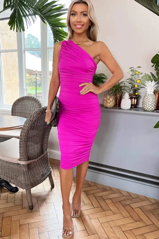 Hot Pink One Shoulder Ruched Midi Dress