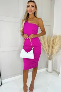 Hot Pink One Shoulder Ruched Bodycon Midi Dress