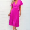 Hot Pink Pleated Midi Dress with Tie Waist