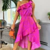 Hot Pink Printed One Shoulder Frill Detail Dipped Hem Dress