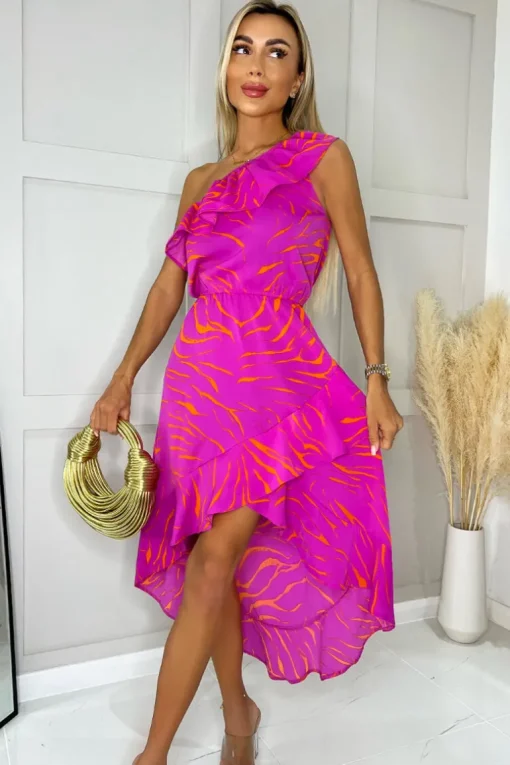 Hot Pink Printed One Shoulder Frill Detail Dipped Hem Dress