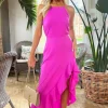 Hot Pink Racer Neck High Low Frill Hem Midi Dress